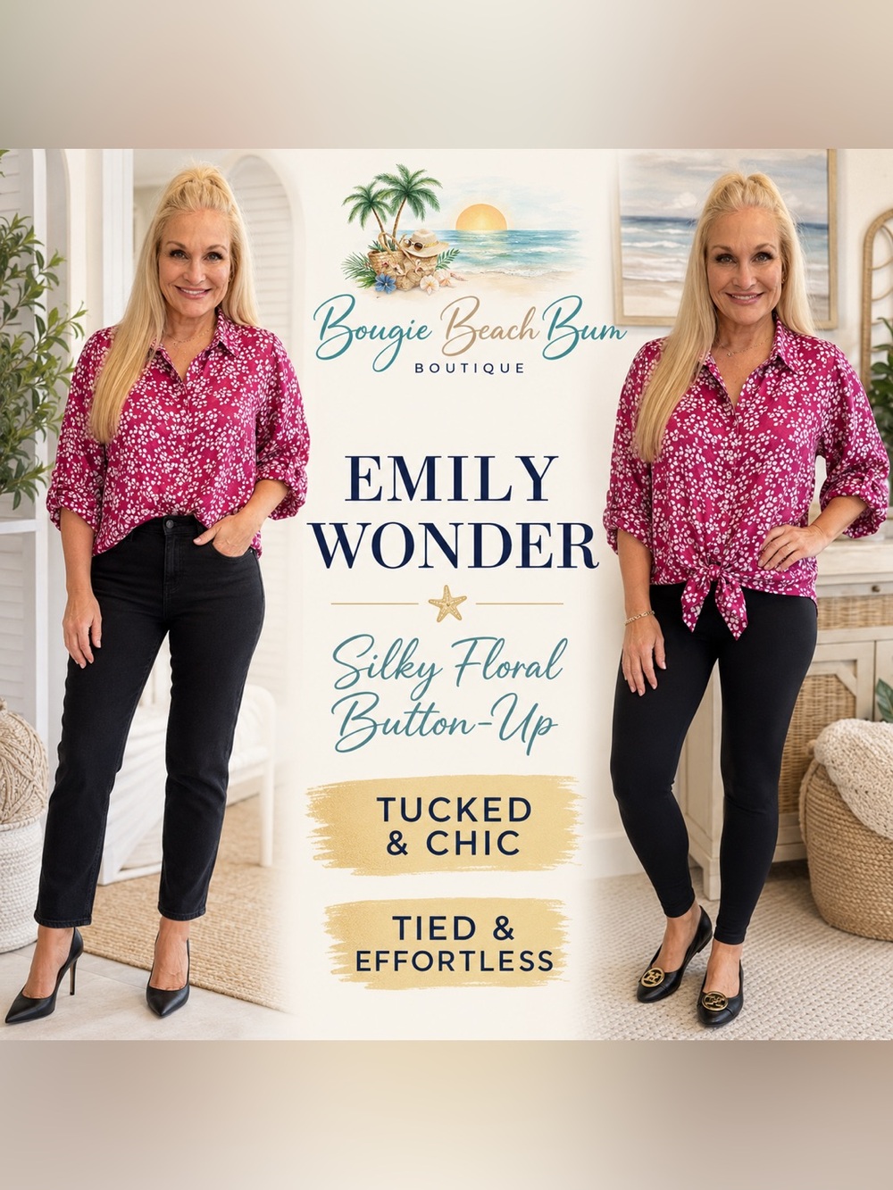 Emily Wonder Silky Floral Button-Up Shirt — Pink